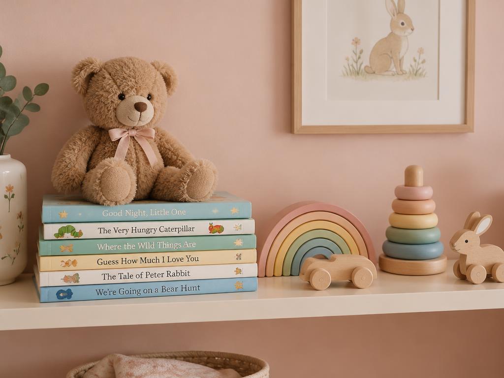Picture books and a teddy bear on a shelf